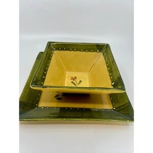 Amalfi Collection Handmade Square Plate & Bowl Italy Olive Green & Yellow Rare